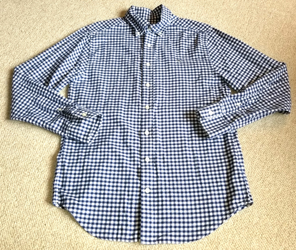 Mens Shirt-VINEYARD VINES-blue/wht check 100% cotton flannel 'Slim Fit Whale'-S
